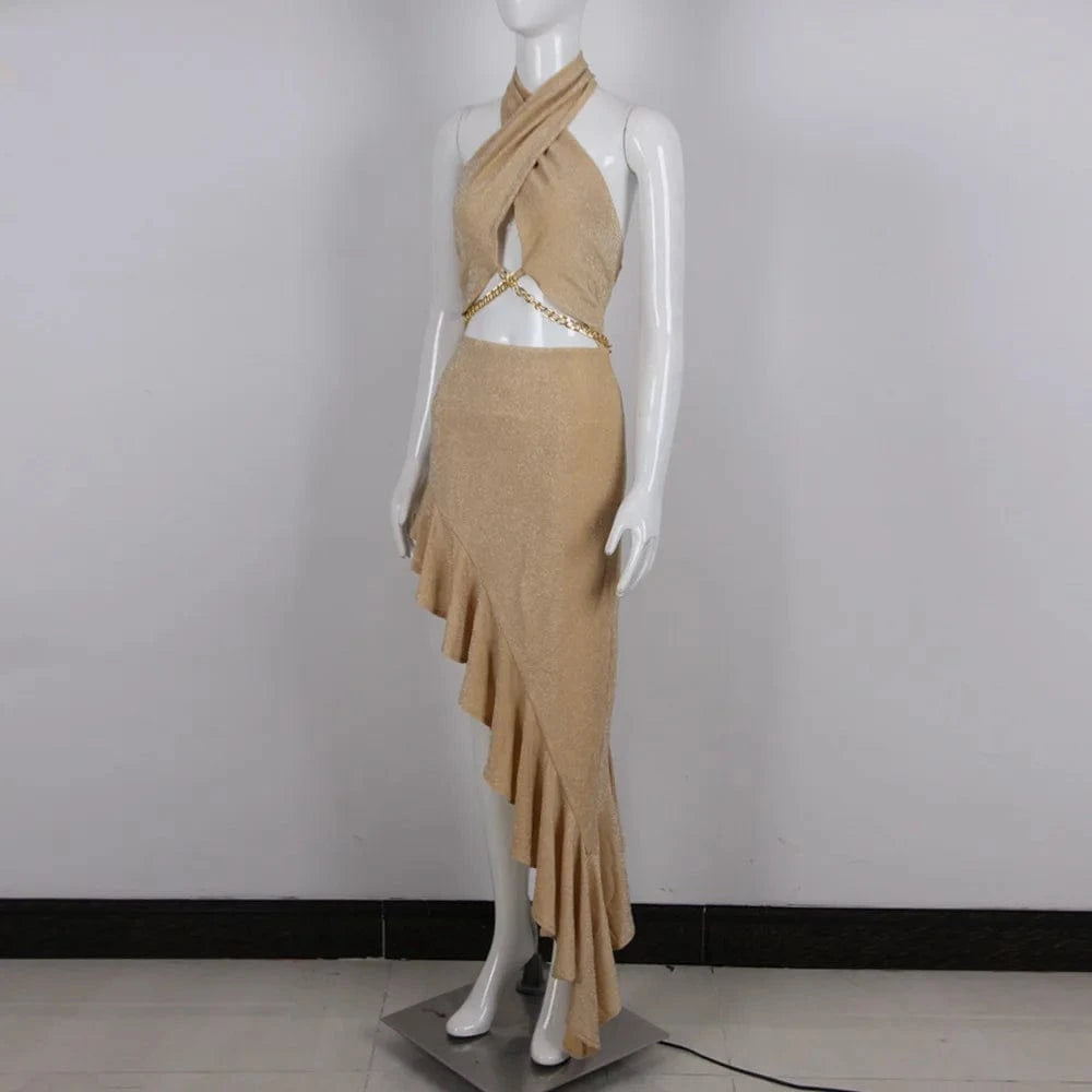 Halter Woman Dress Sexy Backless New Style Summer Ruffles Wrap Hip Long Vestidos Fashion Party Irregular Chain Evening Dresses