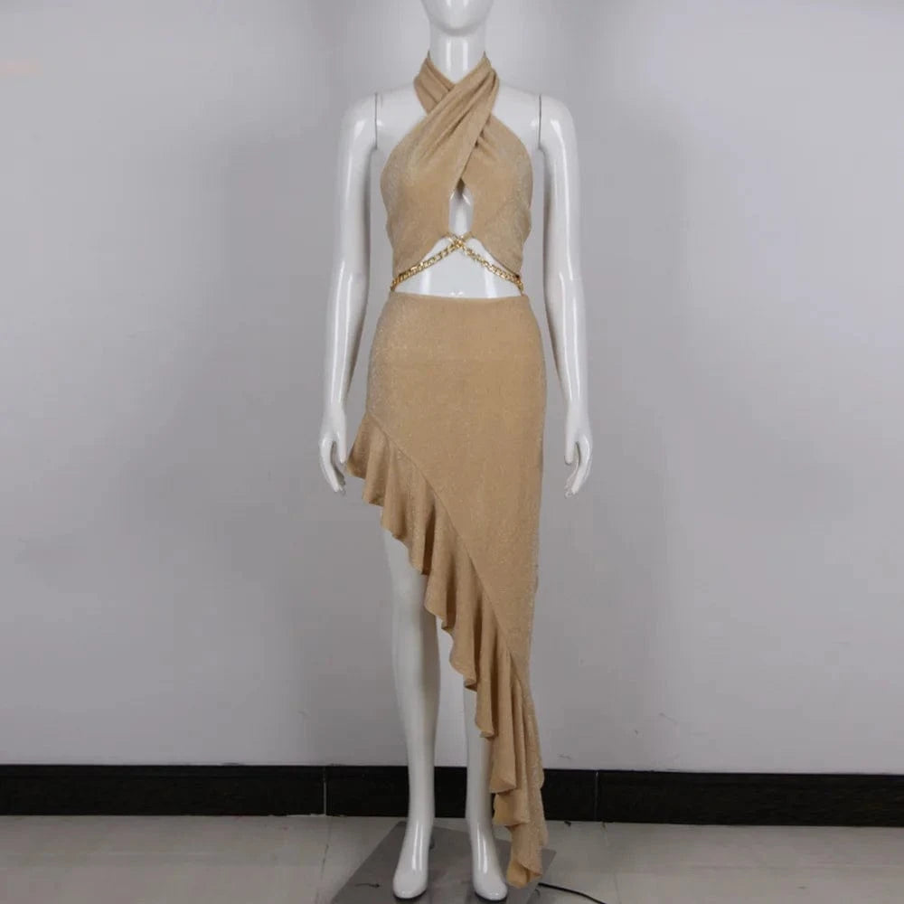 Halter Woman Dress Sexy Backless New Style Summer Ruffles Wrap Hip Long Vestidos Fashion Party Irregular Chain Evening Dresses