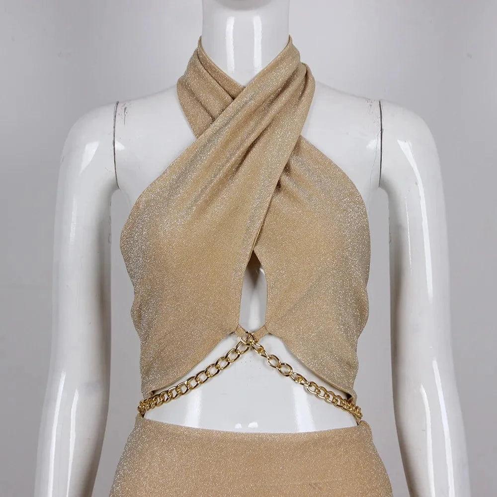 Halter Woman Dress Sexy Backless New Style Summer Ruffles Wrap Hip Long Vestidos Fashion Party Irregular Chain Evening Dresses