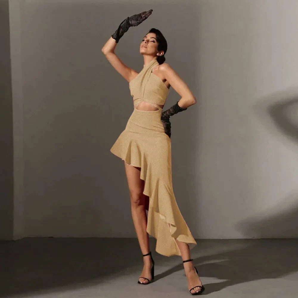 Halter Woman Dress Sexy Backless New Style Summer Ruffles Wrap Hip Long Vestidos Fashion Party Irregular Chain Evening Dresses