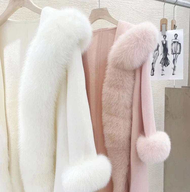 Handmade Belted Cashmere Coat Windproof Long Wool Trench Coat Women With Fox Fur Trim