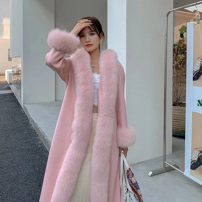 Handmade Belted Cashmere Coat Windproof Long Wool Trench Coat Women With Fox Fur Trim