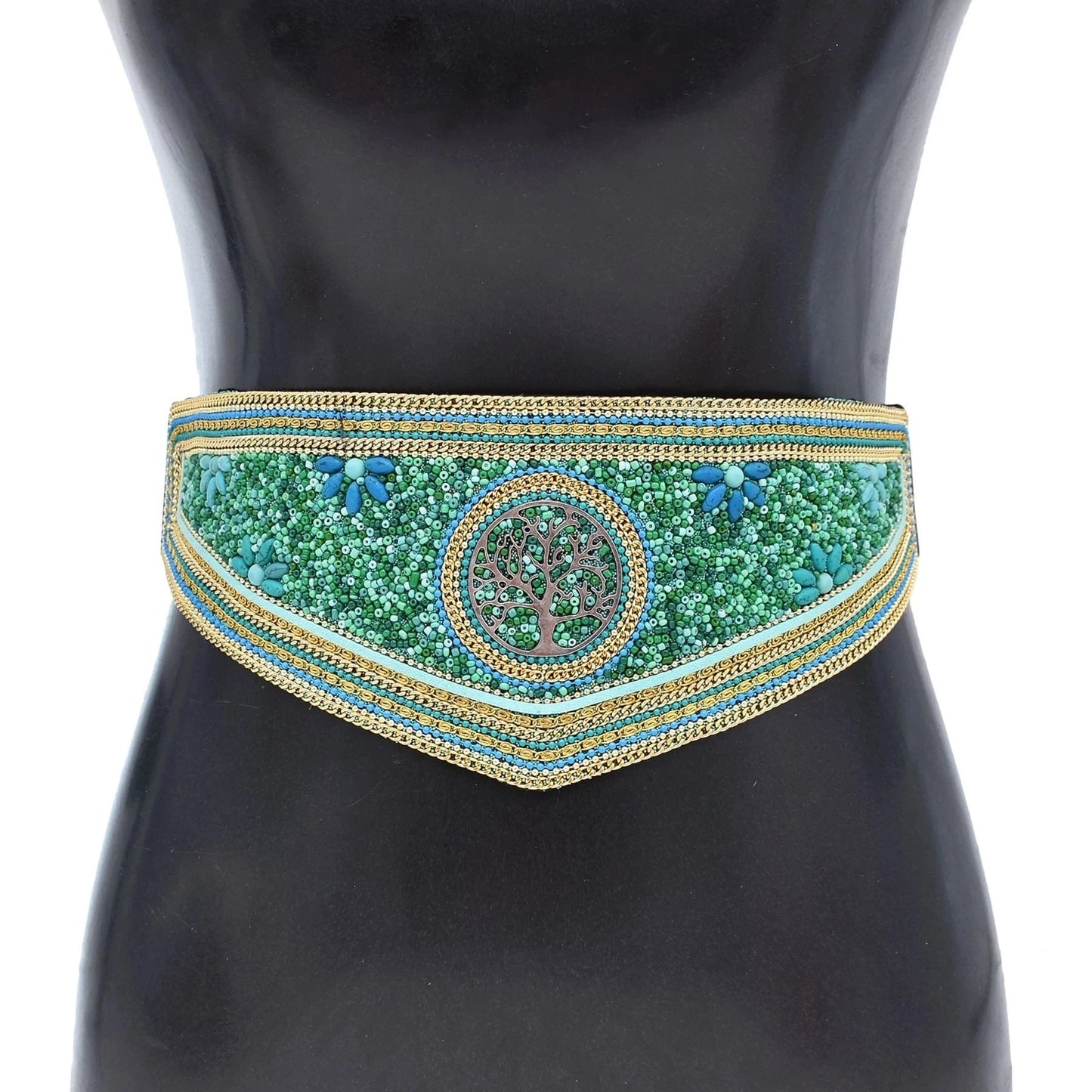 Handmade Bohemian Waist Belt  Black Beads Elastic Statement Belly  Body Chain Dress Belt  Ethnic Jewelry