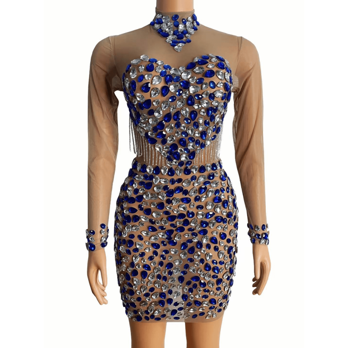 Handmade Elegant Large Blue White Crystal Club Mini Dress Heart Pattern Design Luxury Rhinestone Fringe Sexy Party Dresses