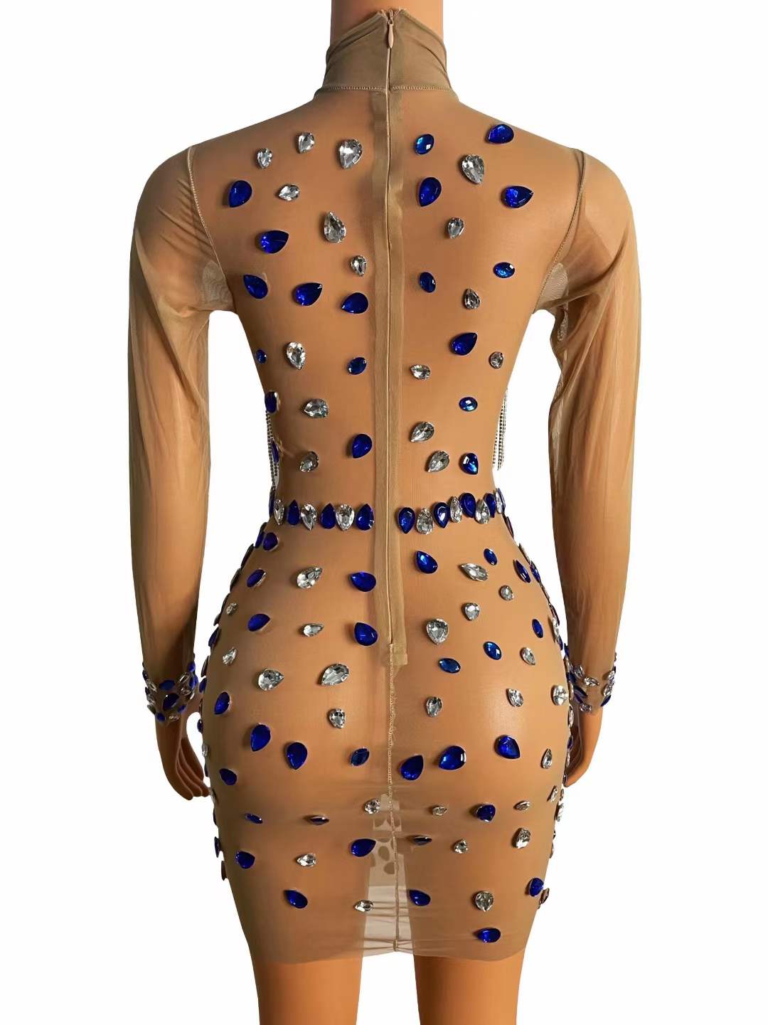 Handmade Elegant Large Blue White Crystal Club Mini Dress Heart Pattern Design Luxury Rhinestone Fringe Sexy Party Dresses