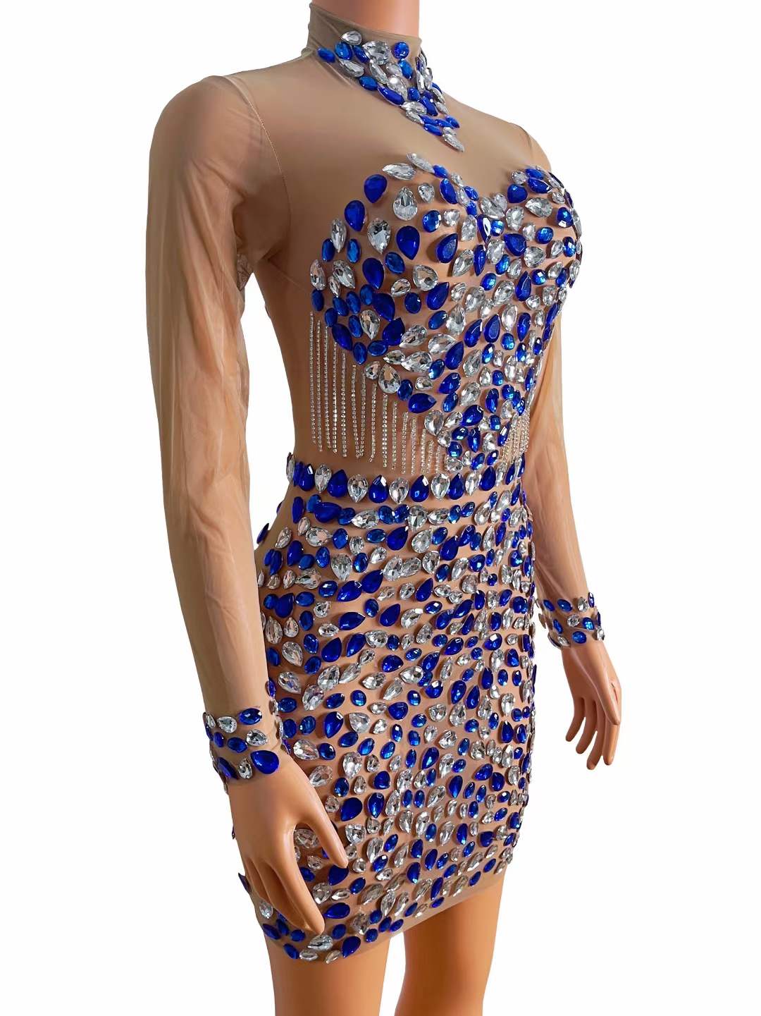 Handmade Elegant Large Blue White Crystal Club Mini Dress Heart Pattern Design Luxury Rhinestone Fringe Sexy Party Dresses