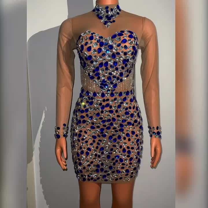 Handmade Elegant Large Blue White Crystal Club Mini Dress Heart Pattern Design Luxury Rhinestone Fringe Sexy Party Dresses