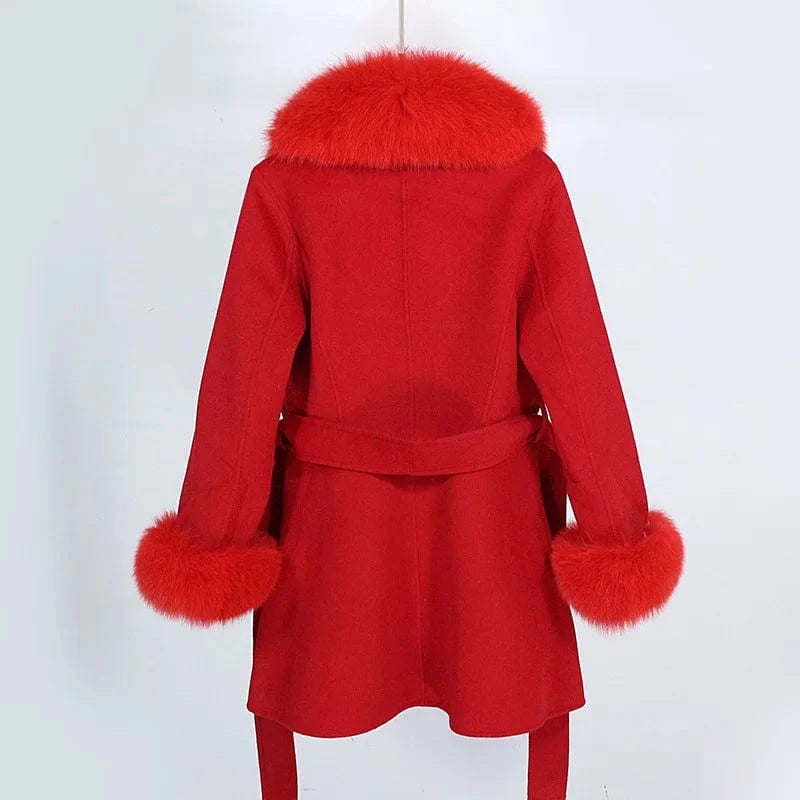 Handmade Luxury Real Fox Fur Collar Cuffs Cashmere Coats Women Single Breasted Buttons Wool Coat