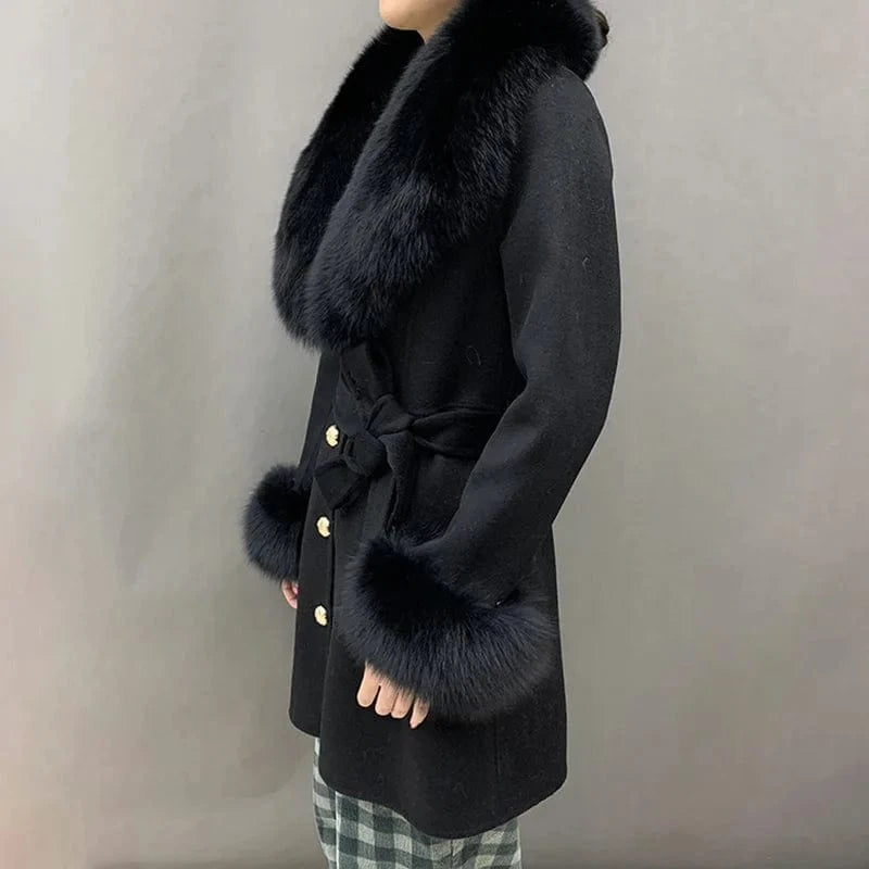Handmade Luxury Real Fox Fur Collar Cuffs Cashmere Coats Women Single Breasted Buttons Wool Coat