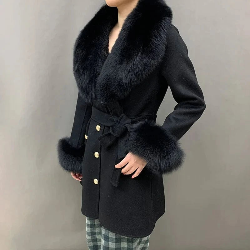 Handmade Luxury Real Fox Fur Collar Cuffs Cashmere Coats Women Single Breasted Buttons Wool Coat