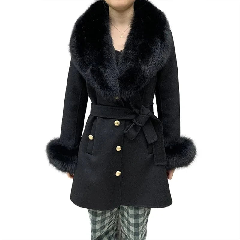 Handmade Luxury Real Fox Fur Collar Cuffs Cashmere Coats Women Single Breasted Buttons Wool Coat