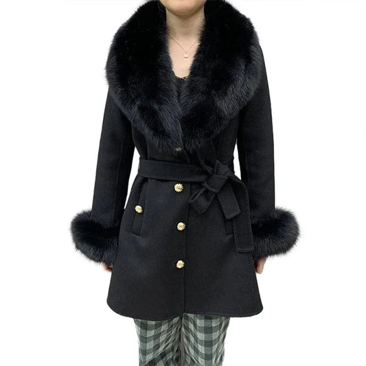 Handmade Luxury Real Fox Fur Collar Cuffs Cashmere Coats Women Single Breasted Buttons Wool Coat