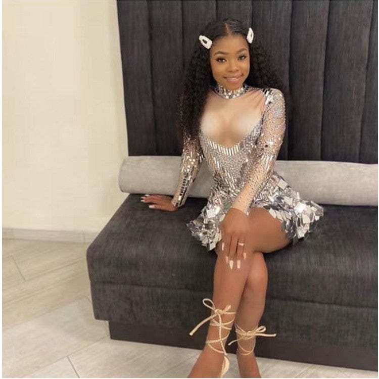 Handmade Sparkling Sequin Bling Dress Festival Long Sleeve Slimming Performance Wear Party Night Club Dress