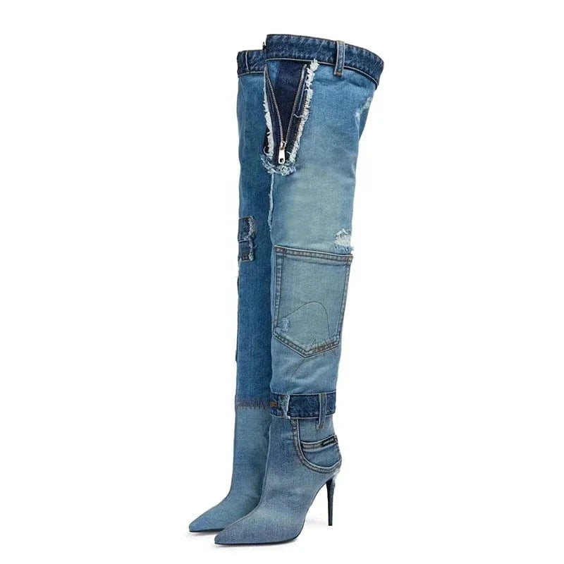 Handmade Women's Sewing Patchwork Over Knee High Thin Heels Pockets Boots Pointed Toe Shoes Stiletto Wide Fit Long Booties