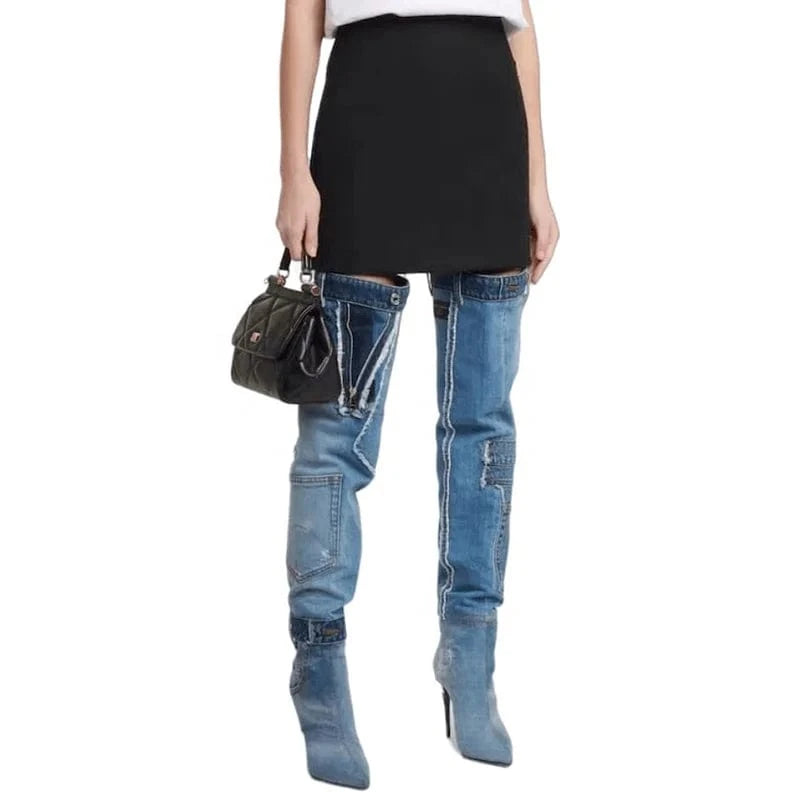 Handmade Women's Sewing Patchwork Over Knee High Thin Heels Pockets Boots Pointed Toe Shoes Stiletto Wide Fit Long Booties