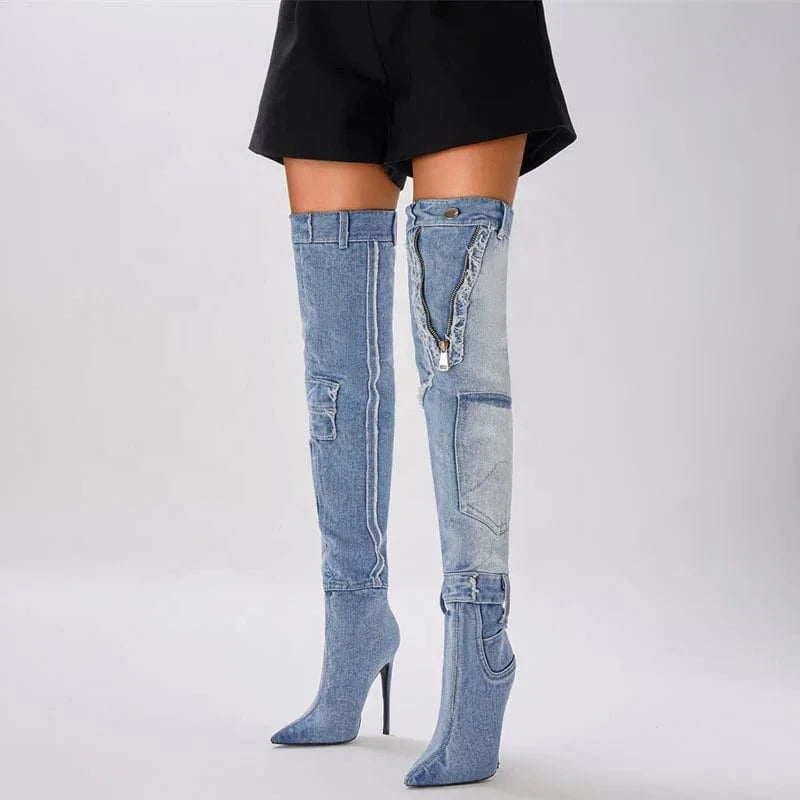 Handmade Women's Sewing Patchwork Over Knee High Thin Heels Pockets Boots Pointed Toe Shoes Stiletto Wide Fit Long Booties