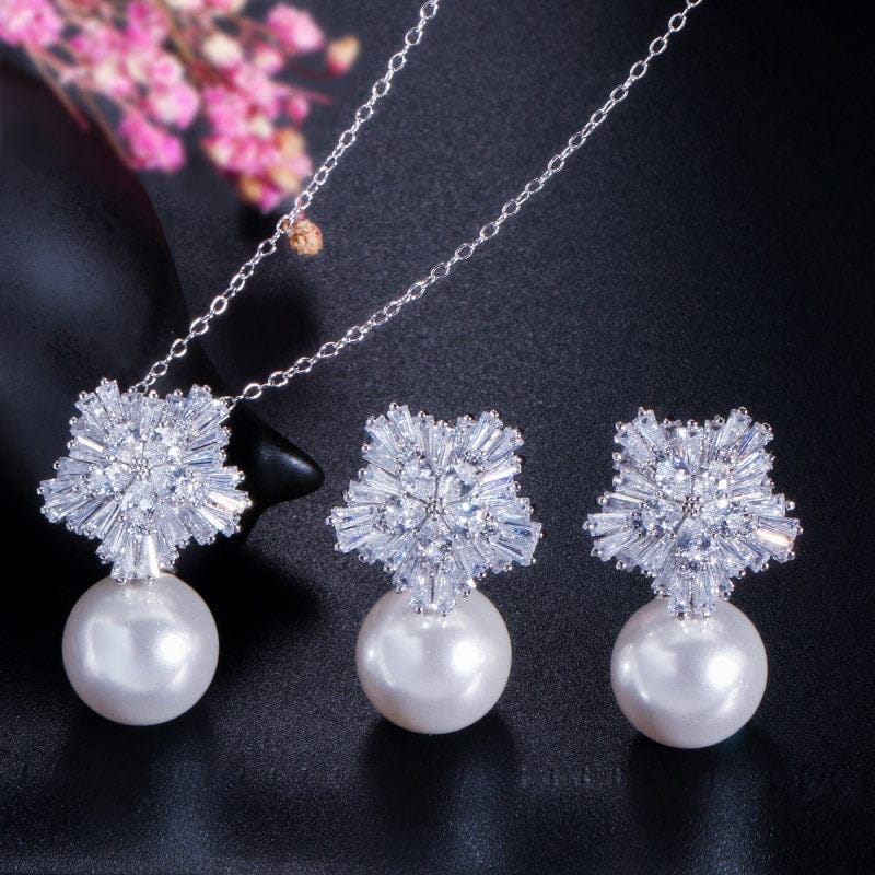 Hawaiian Jewelry Set Cubic Zirconia Flower Big Red Pearl CZ Crystal Pendant Necklace And Earrings For Women Best Friend Gift