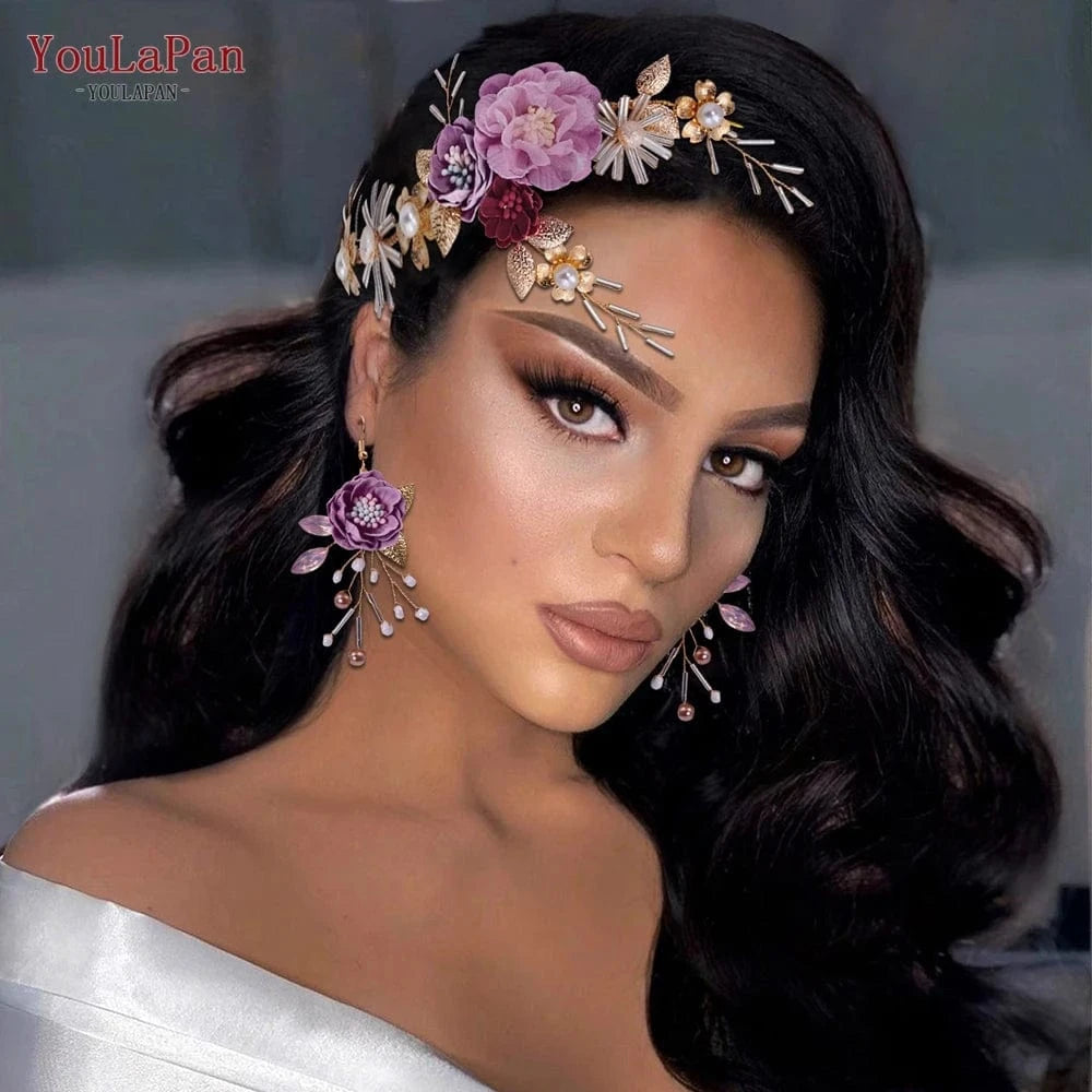 headdand+earrings set YouLaPan HP190 Pretty Purple Silk Flowers Women Hair Accessories Bridal Wedding Hair Pieces Earrings Set