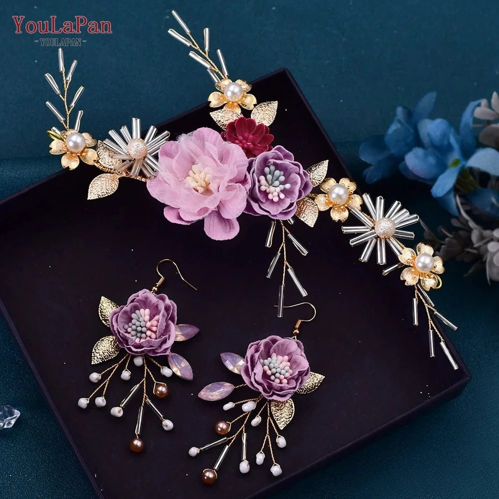 headdand+earrings set YouLaPan HP190 Pretty Purple Silk Flowers Women Hair Accessories Bridal Wedding Hair Pieces Earrings Set