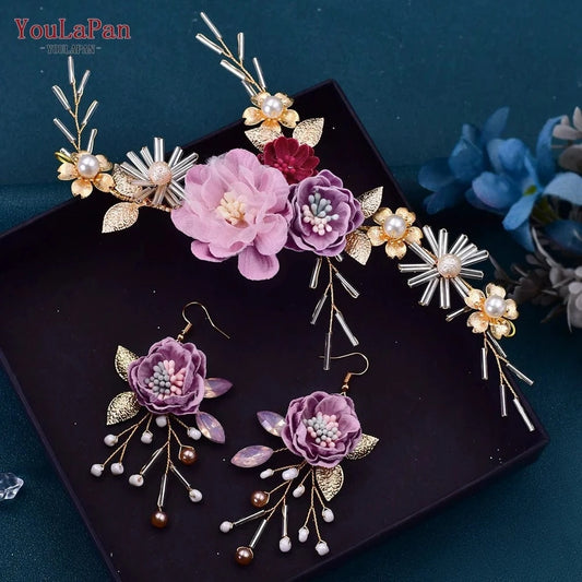 headdand+earrings set YouLaPan HP190 Pretty Purple Silk Flowers Women Hair Accessories Bridal Wedding Hair Pieces Earrings Set