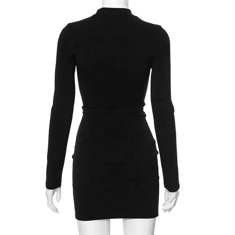 Heart Hollow Mini Dress Women Solid Concise Autumn Long Sleeve O-neck Skinny Dress