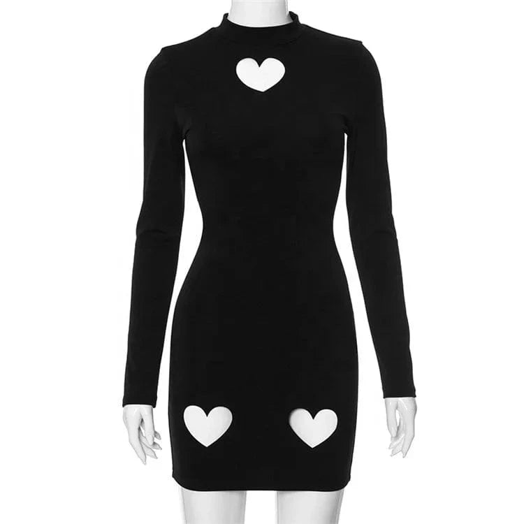 Heart Hollow Mini Dress Women Solid Concise Autumn Long Sleeve O-neck Skinny Dress