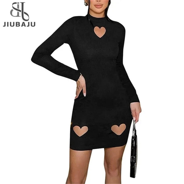 Heart Hollow Mini Dress Women Solid Concise Autumn Long Sleeve O-neck Skinny Dress