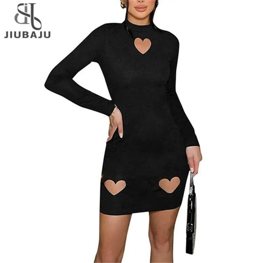 Heart Hollow Mini Dress Women Solid Concise Autumn Long Sleeve O-neck Skinny Dress