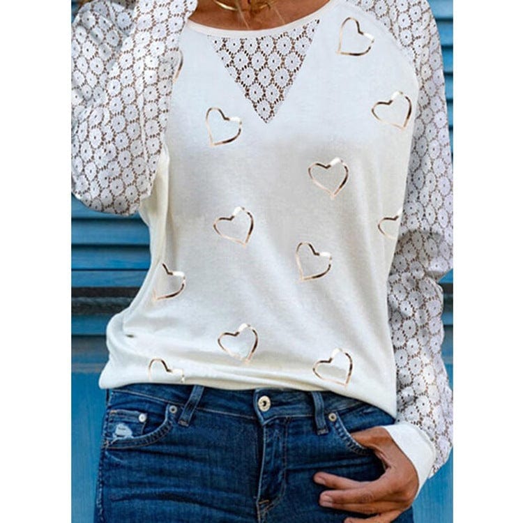 Heart Lace Splicing Raglan Sleeve O-Neck Blouse