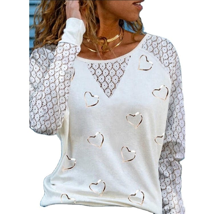 Heart Lace Splicing Raglan Sleeve O-Neck Blouse