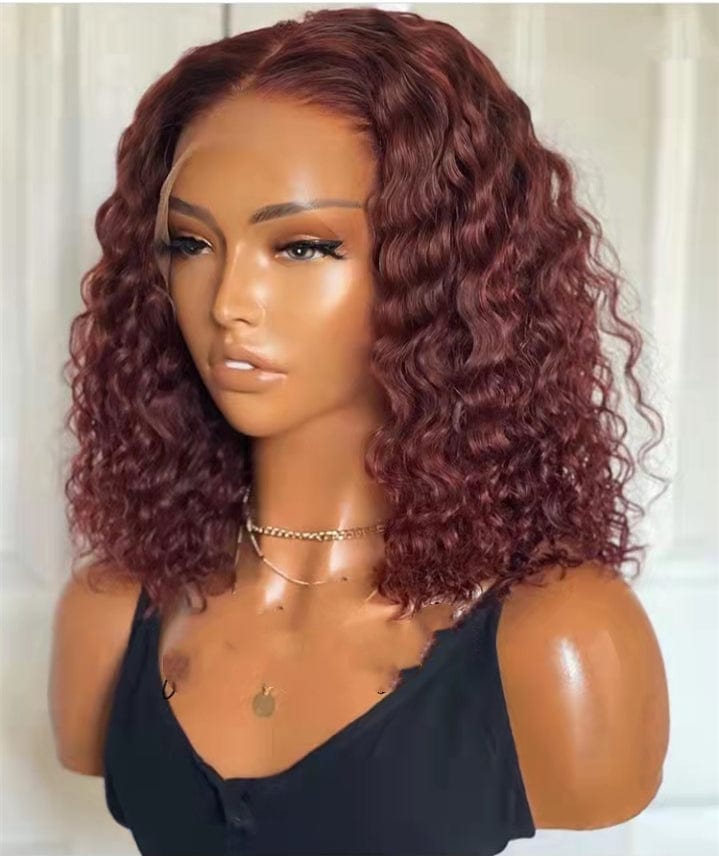 High 250% Density Chestnut Brown Color Kinky Curly Short Bob Wig Pre plucked Invisible Knots Real Raw Human Hair Lace Front Wigs