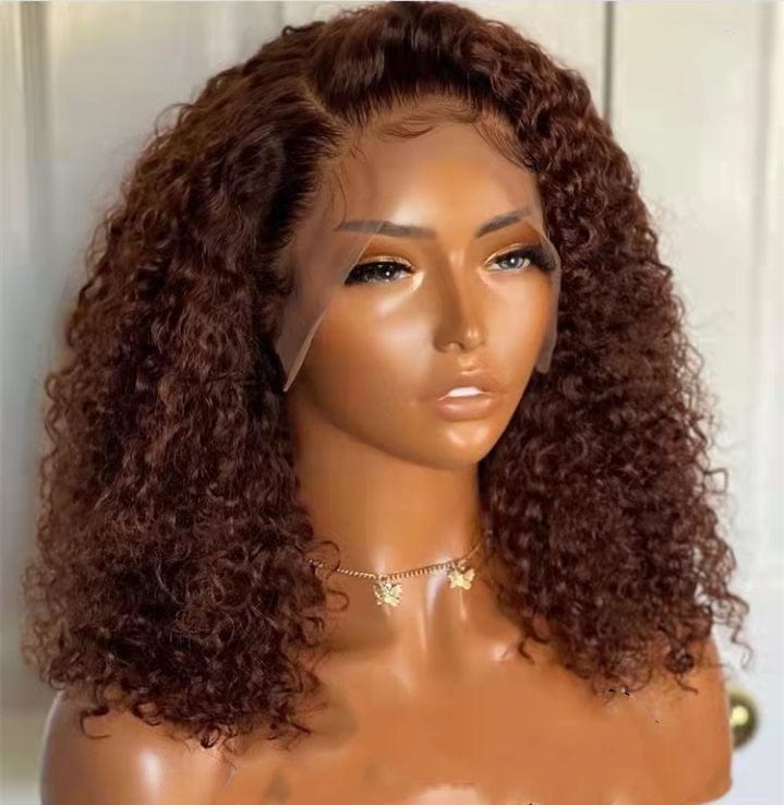 High 250% Density Chestnut Brown Color Kinky Curly Short Bob Wig Pre plucked Invisible Knots Real Raw Human Hair Lace Front Wigs