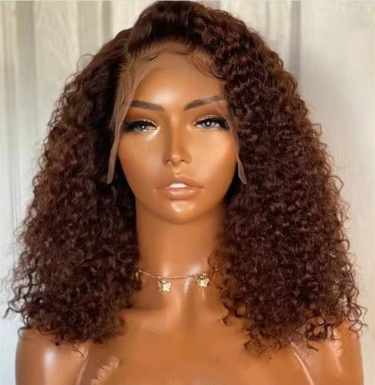 High 250% Density Chestnut Brown Color Kinky Curly Short Bob Wig Pre plucked Invisible Knots Real Raw Human Hair Lace Front Wigs