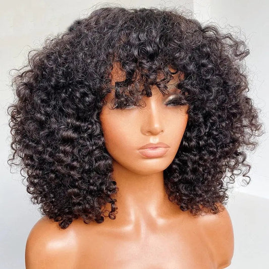 High Density Short Bob Kinky Curly Wig With Bangs Natural Black Color Cuticle Aligned Lace Front Wigs