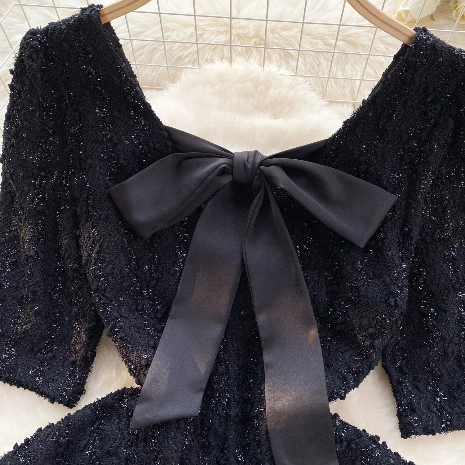 High-End Bright Silk Slim Short Pommel Skirt Bow Little Black Dress Female Temperament Dress