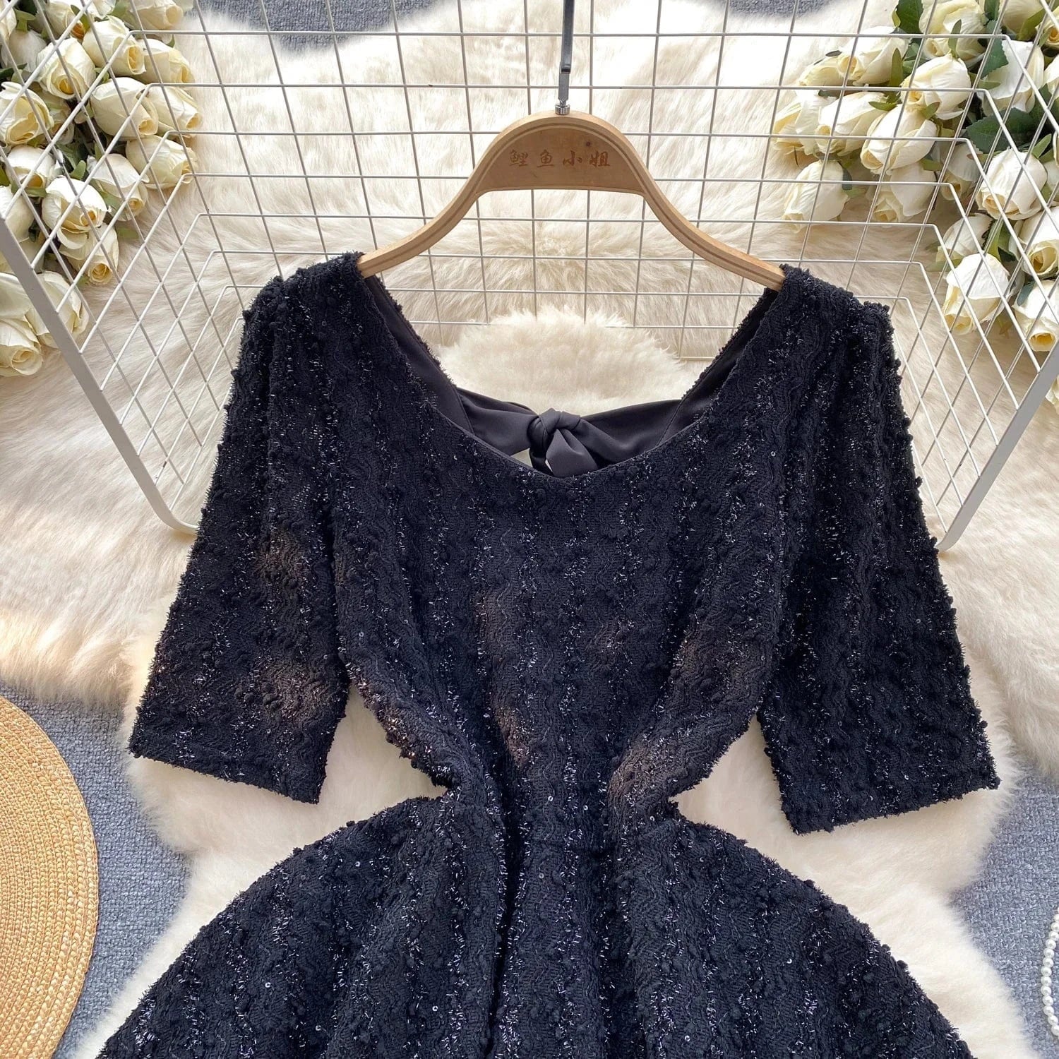 High-End Bright Silk Slim Short Pommel Skirt Bow Little Black Dress Female Temperament Dress