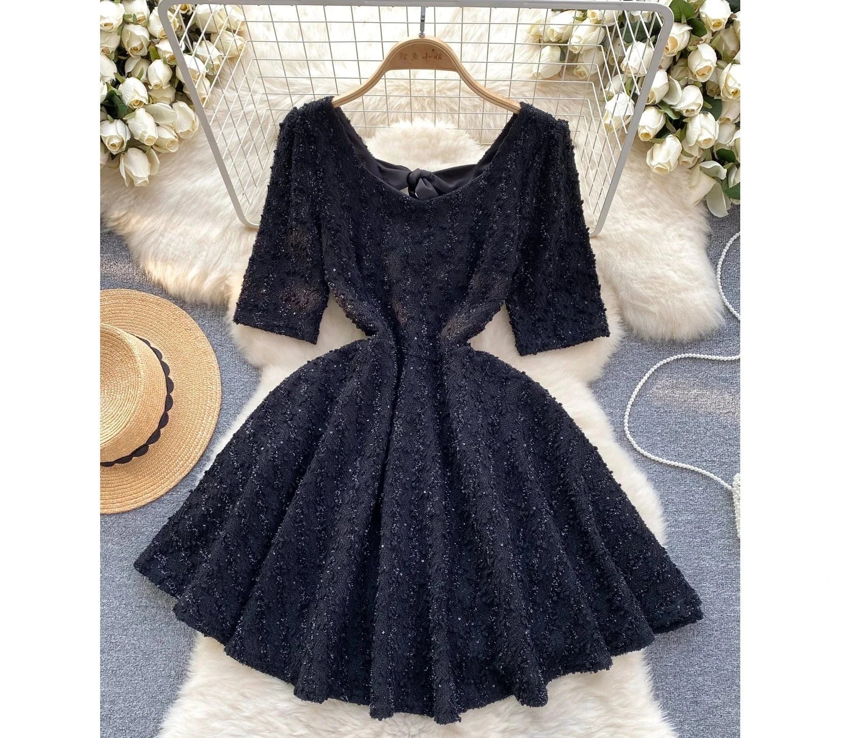 High-End Bright Silk Slim Short Pommel Skirt Bow Little Black Dress Female Temperament Dress