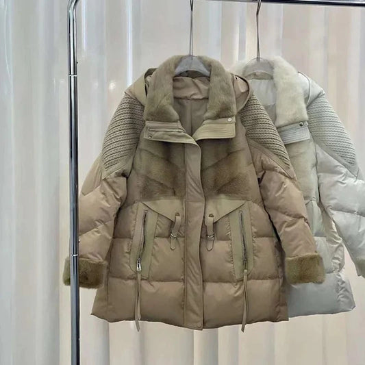 High-End Down Jacket Women's 2023 Winter New Tailored Collar Mink Silk Down JacketCollar Mid-Length Fur Coat