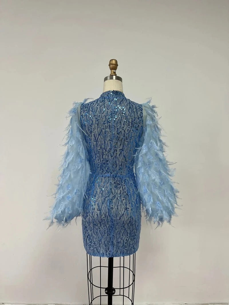 High-end women's Blue Feathers Mini Dress Sequined Sexy Party Evening Dresses