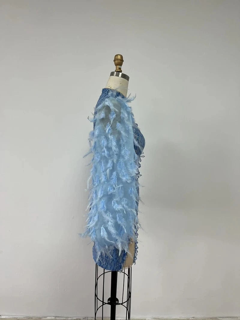 High-end women's Blue Feathers Mini Dress Sequined Sexy Party Evening Dresses