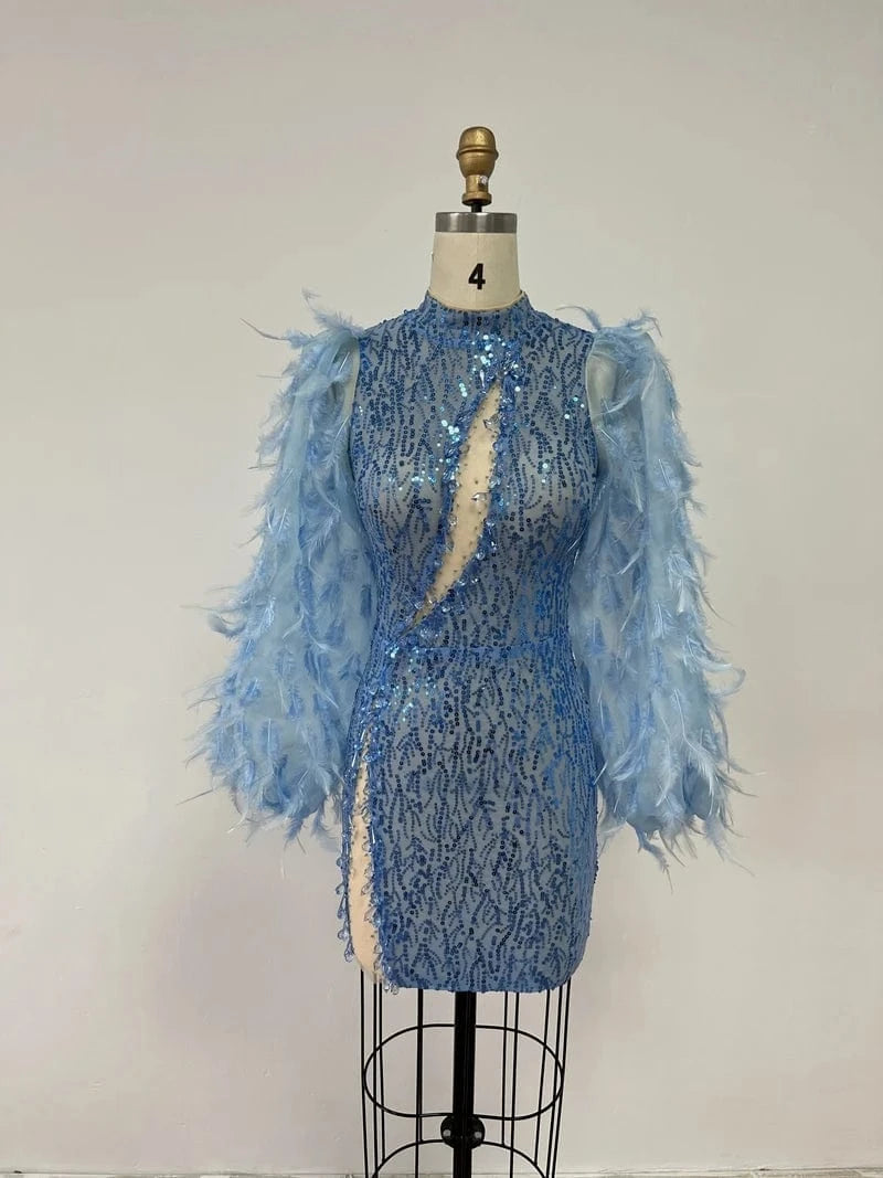 High-end women's Blue Feathers Mini Dress Sequined Sexy Party Evening Dresses