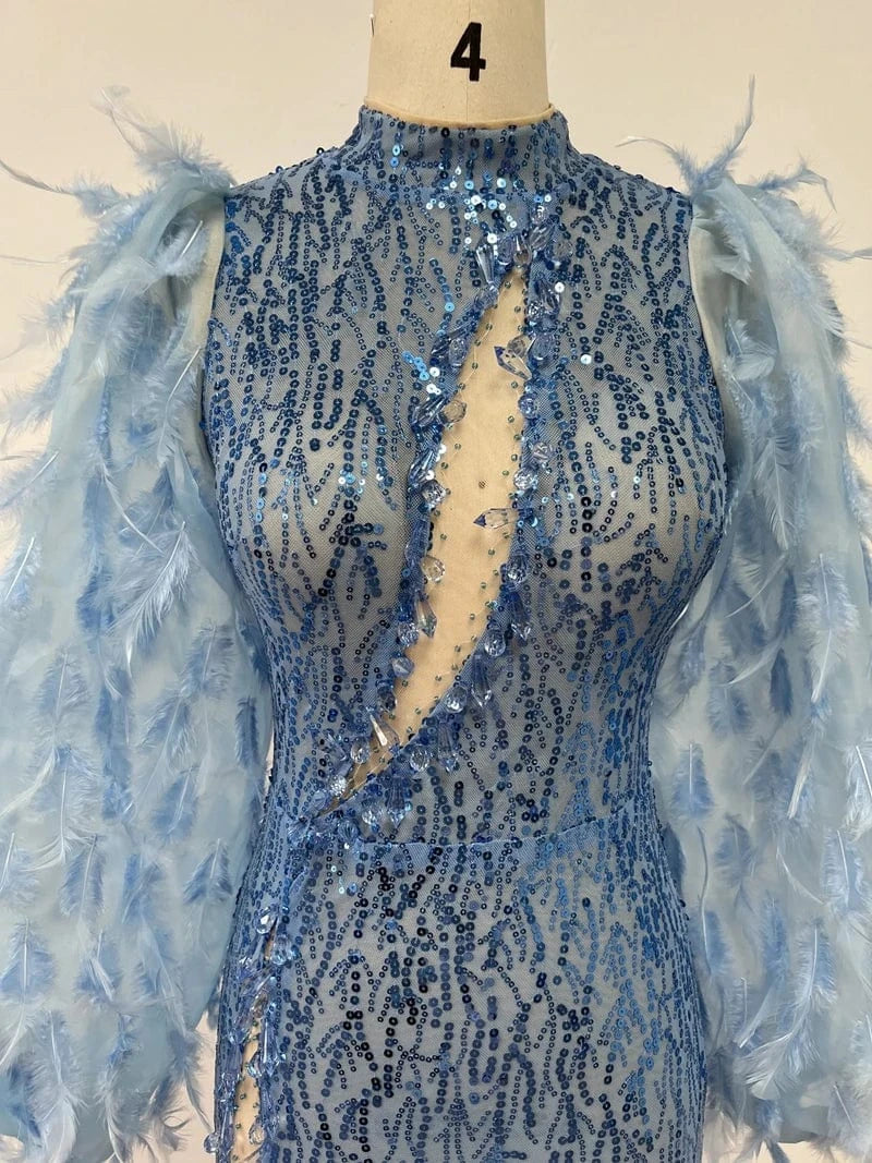 High-end women's Blue Feathers Mini Dress Sequined Sexy Party Evening Dresses