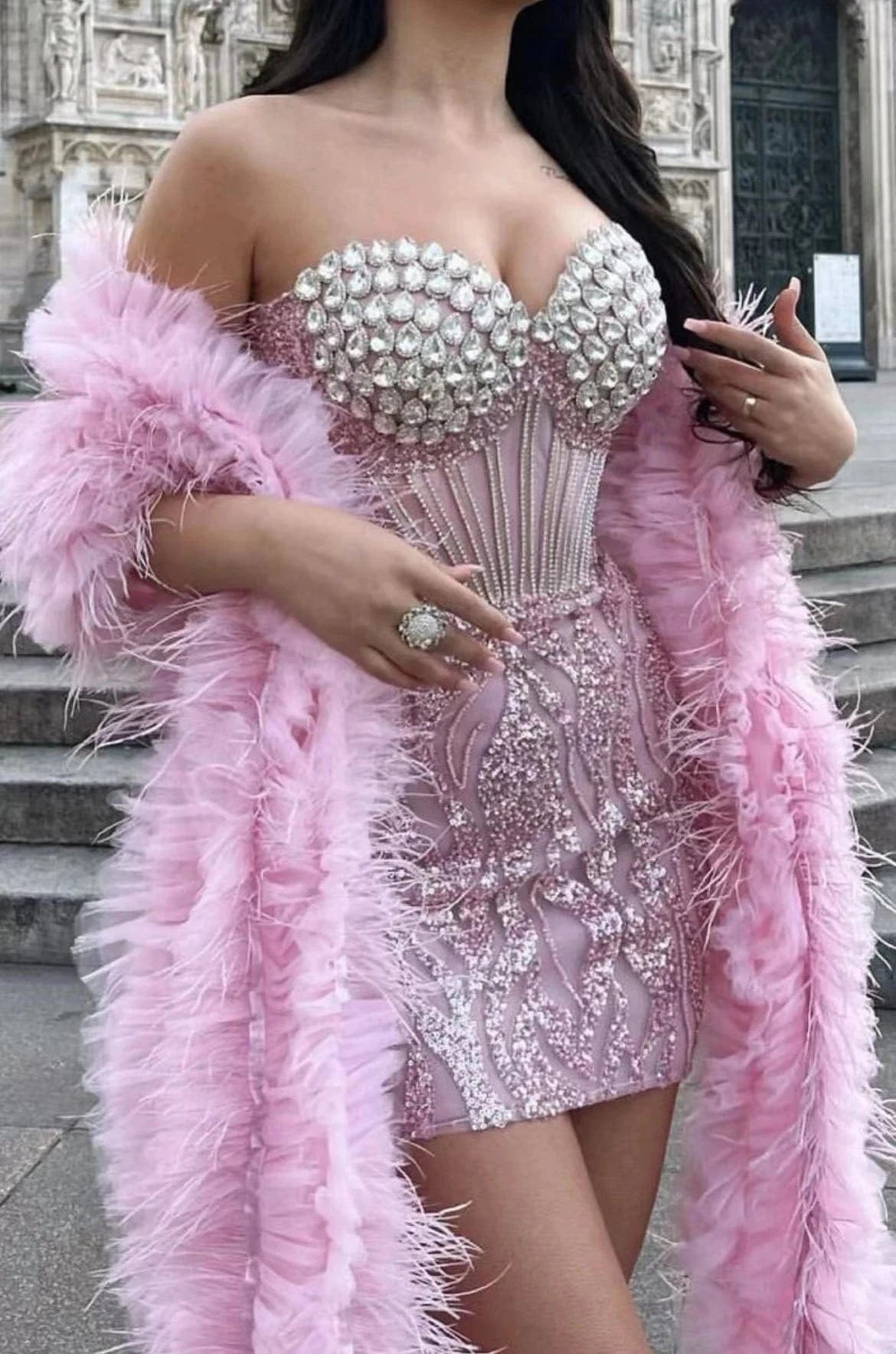 High-end women's Pink Beaded Diamonds Mini Dress With Feathers Shawl Sexy Party Evening Dresses
