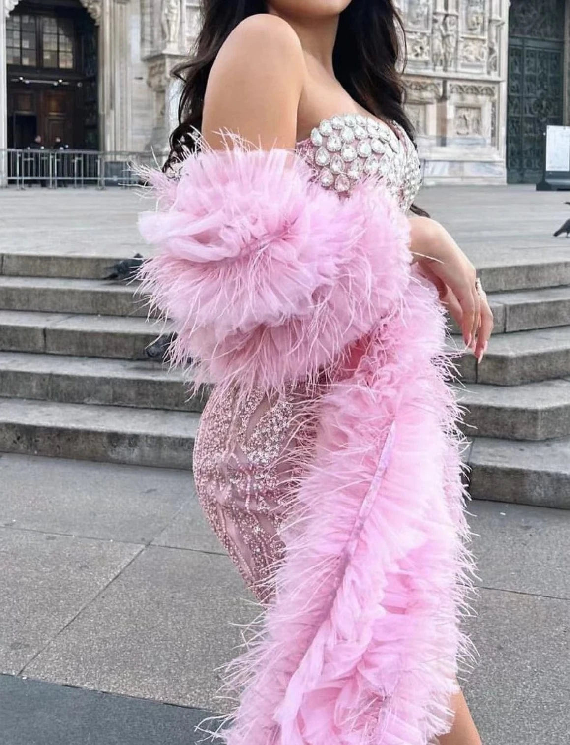 High-end women's Pink Beaded Diamonds Mini Dress With Feathers Shawl Sexy Party Evening Dresses