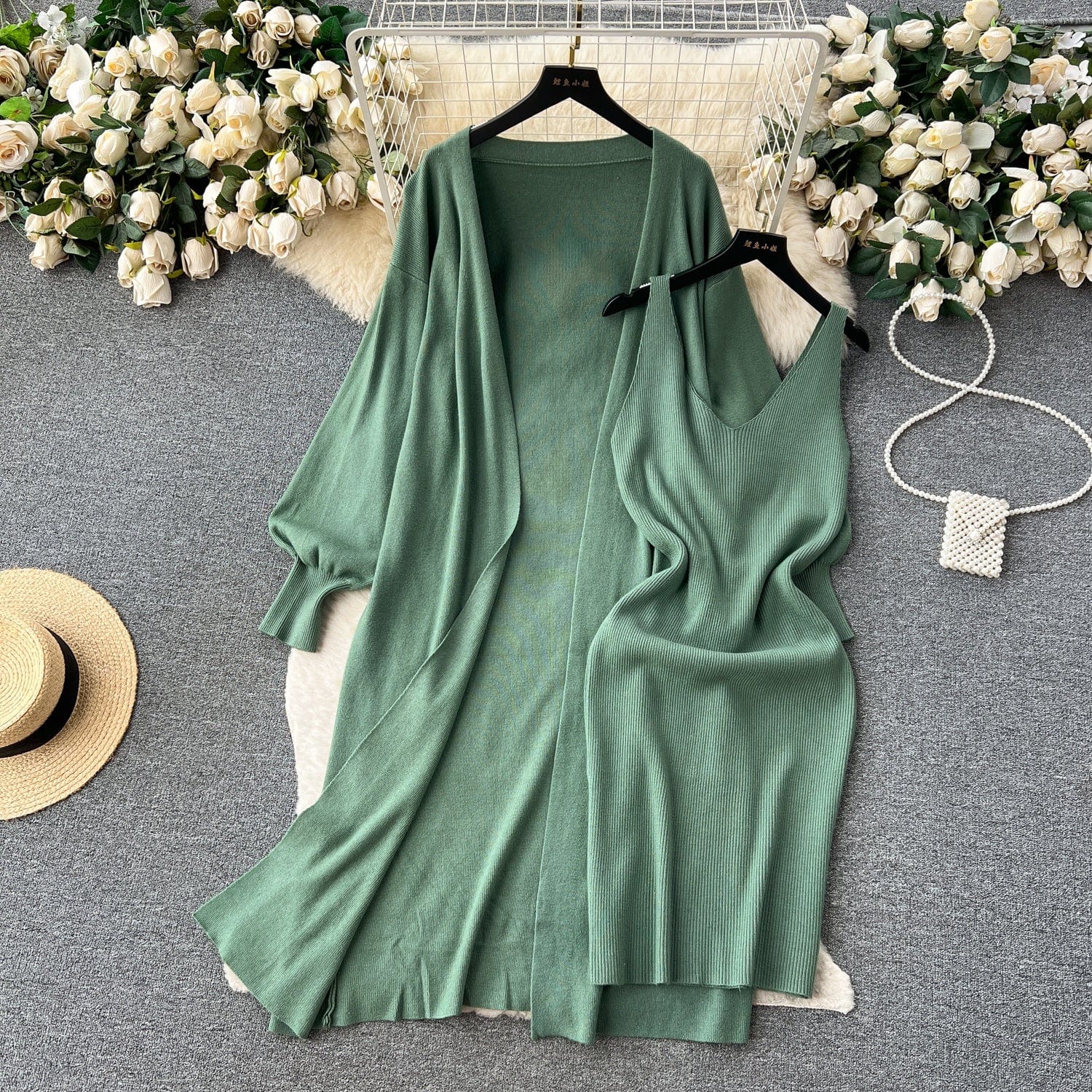 High-Grade Solid Color Knitted Fashion set Women's Autumn V-Neck Halters Dress + Loose Slim Long-Sleeved Top