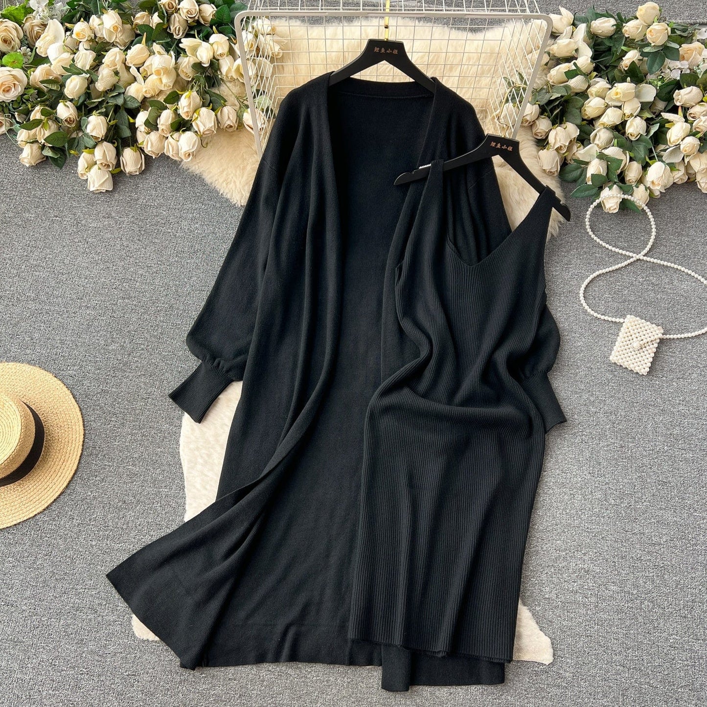 High-Grade Solid Color Knitted Fashion set Women's Autumn V-Neck Halters Dress + Loose Slim Long-Sleeved Top