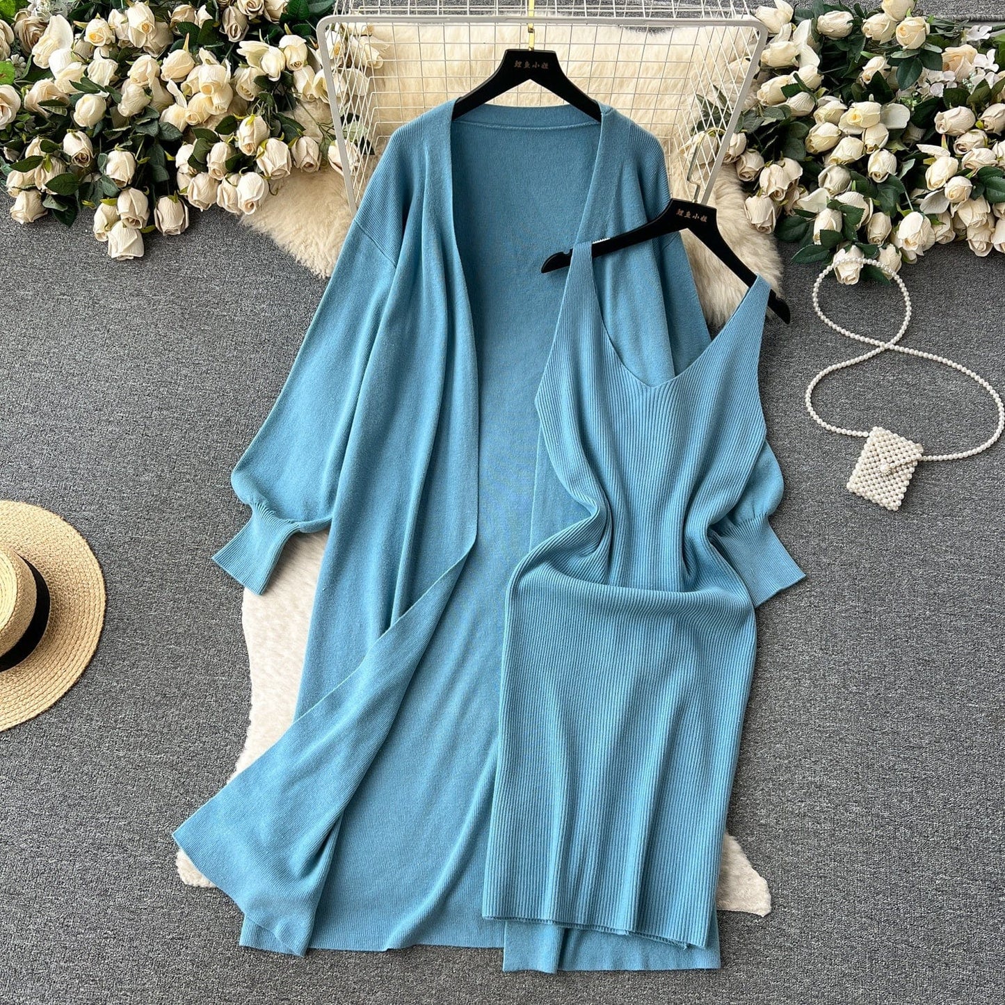 High-Grade Solid Color Knitted Fashion set Women's Autumn V-Neck Halters Dress + Loose Slim Long-Sleeved Top