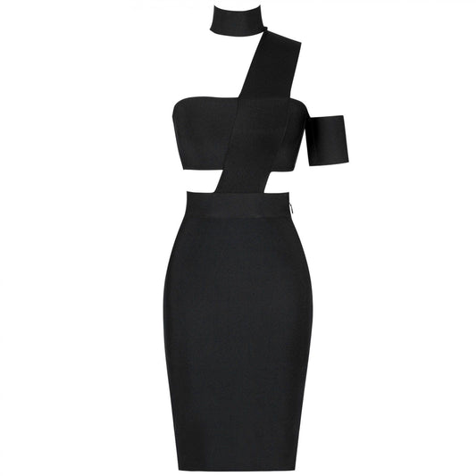 High Neck Strapless Black One Shoulder Black Sexy  Dress