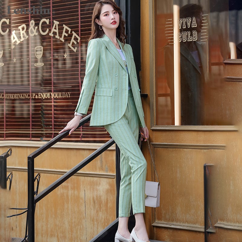 High-quality 2 Piece Set Striped Formal Pant Suit Blazer Office Lady Designs Women Soft Jacket and Ankle-Length Pant