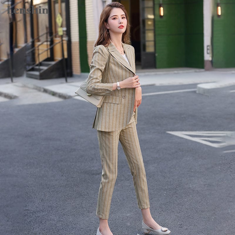High-quality 2 Piece Set Striped Formal Pant Suit Blazer Office Lady Designs Women Soft Jacket and Ankle-Length Pant